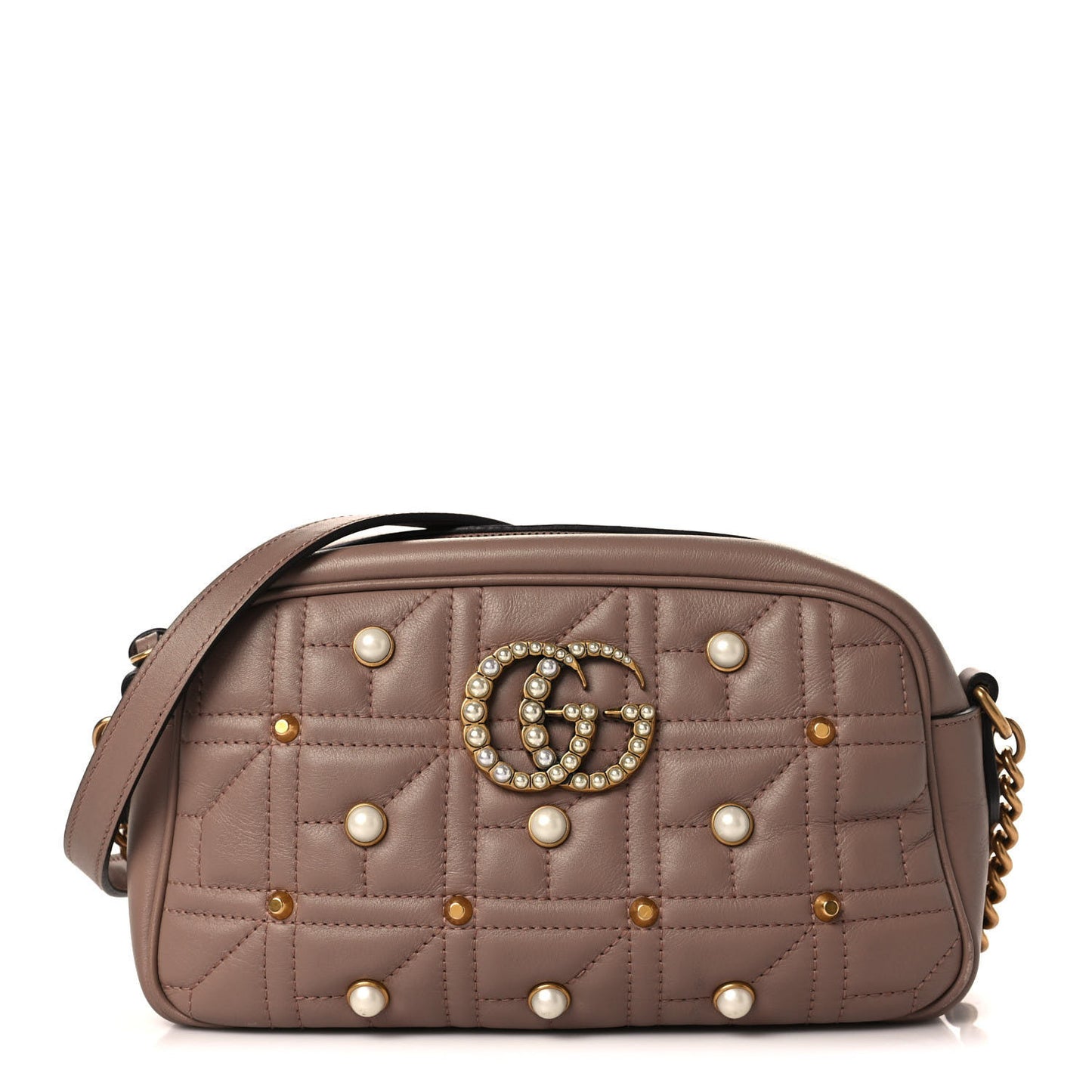 Calfskin Matelasse Studded Small Pearly GG Marmont Chain Shoulder Bag Porcelain Rose