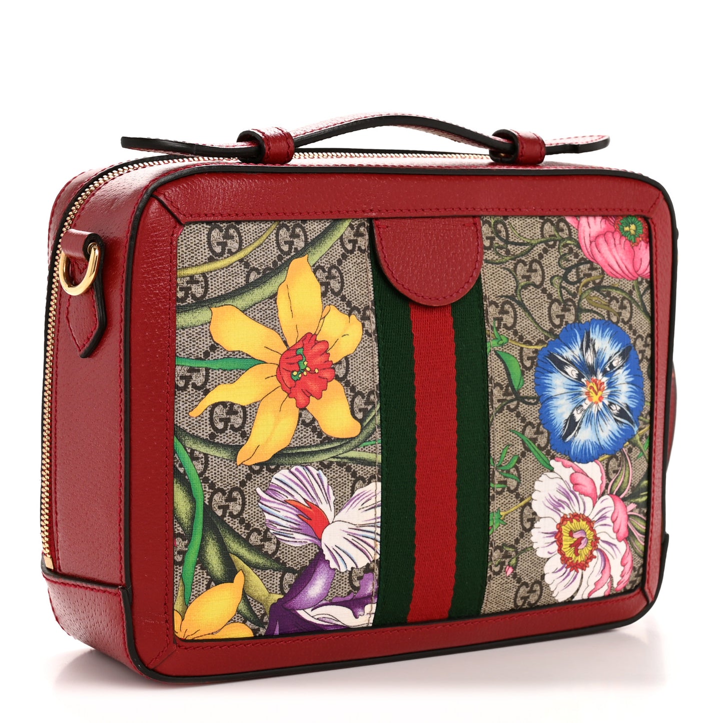 GG Supreme Monogram Flora Web Small Ophidia Top Handle Shoulder Bag Hibiscus Red