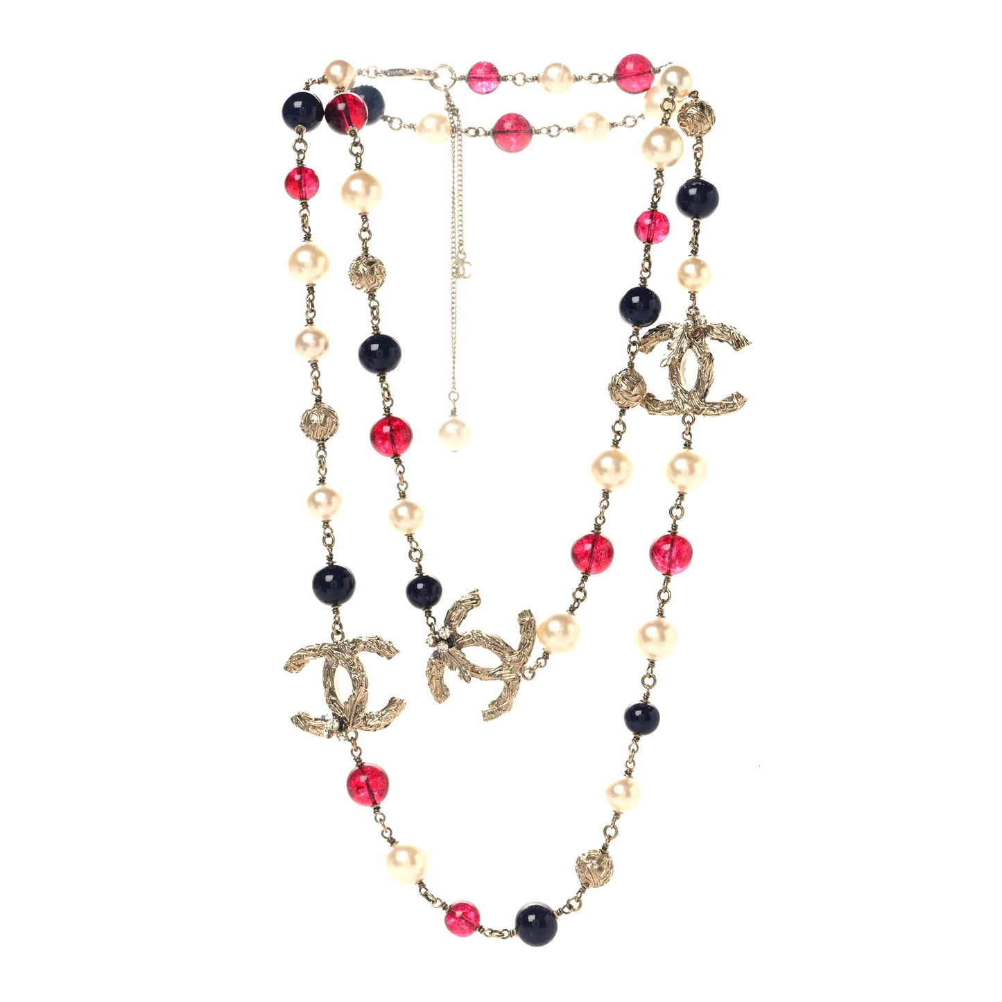 Beaded Pearl CC Long Strand Necklace Blue Red Gold