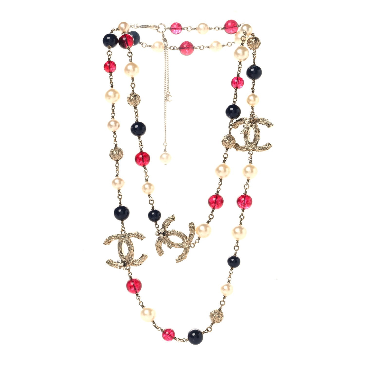 Chanel Beaded Pearl CC Long Strand Necklace Blue Red Gold 3 of 4