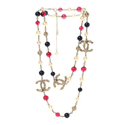 Chanel Beaded Pearl CC Long Strand Necklace Blue Red Gold 3 of 4