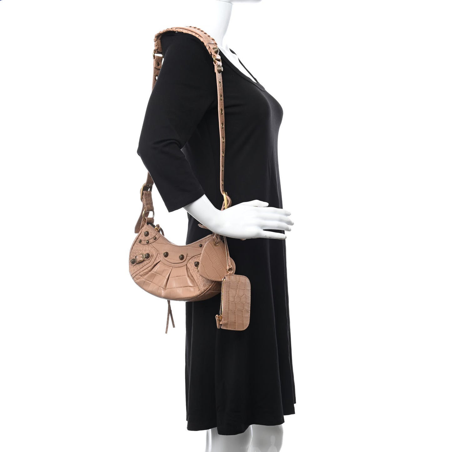Extra Supple Calfskin Crocodile Embossed Le Cagole Shoulder Bag XS Nude Beige