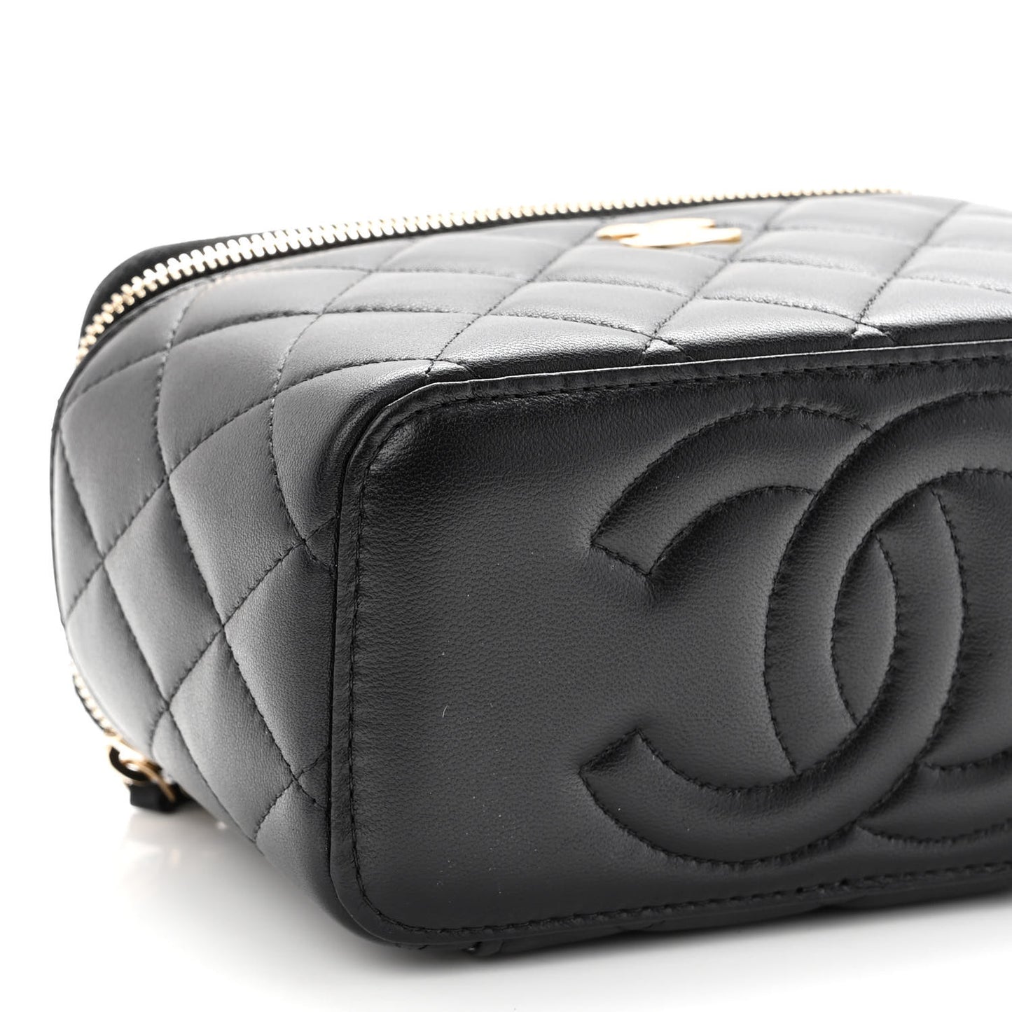 Lambskin Quilted Metal Small Top Handle Vanity Case With Chain Black