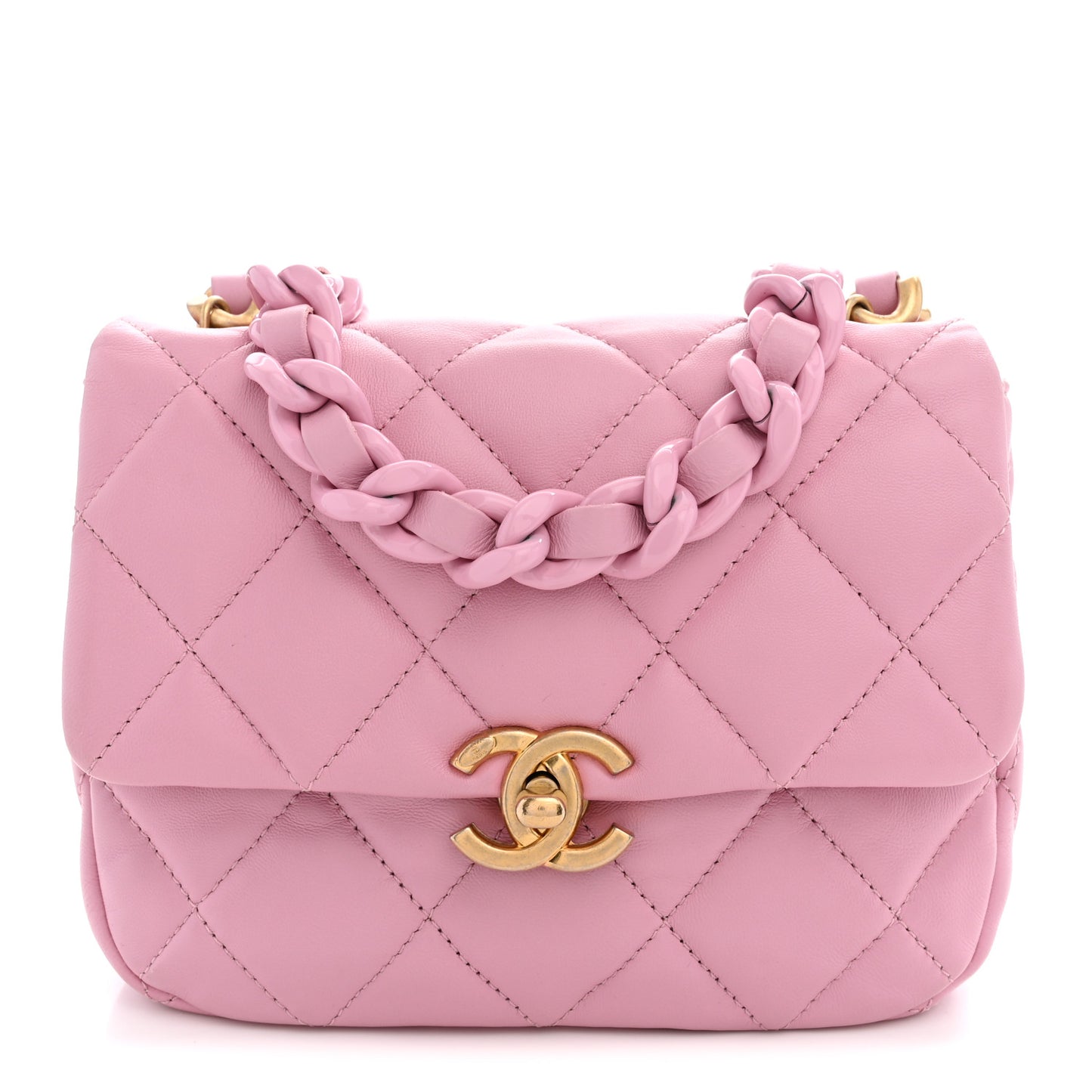 Lambskin Quilted Mini Lacquered Chain Flap Pink