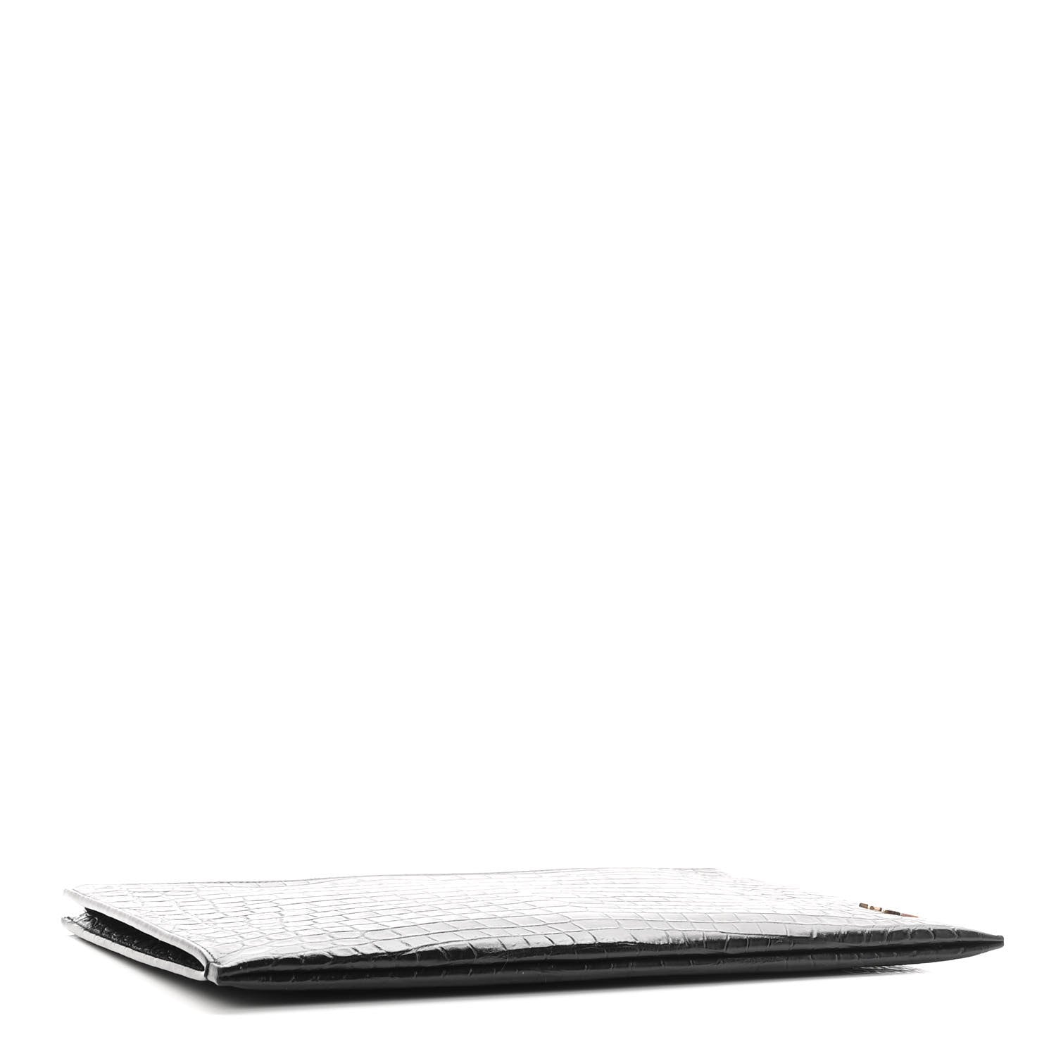 Saint Laurent Calfskin Crocodile Embossed Tiny Monogram Zipped Tablet Holder Black 3 of 9