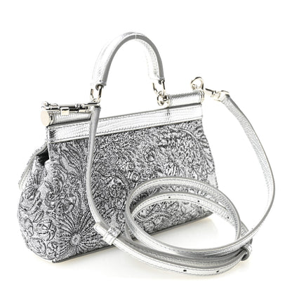 Dolce & Gabbana Brocade Fabric Lizard Calfskin Embossed Small Miss Sicily Satchel Silver 5 of 19