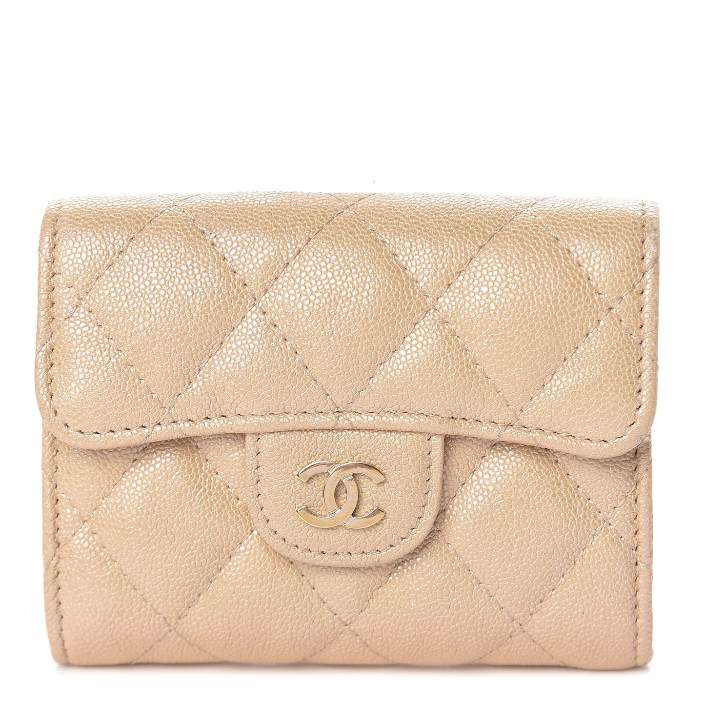Iridescent Caviar Quilted Flap Card Holder Wallet Beige