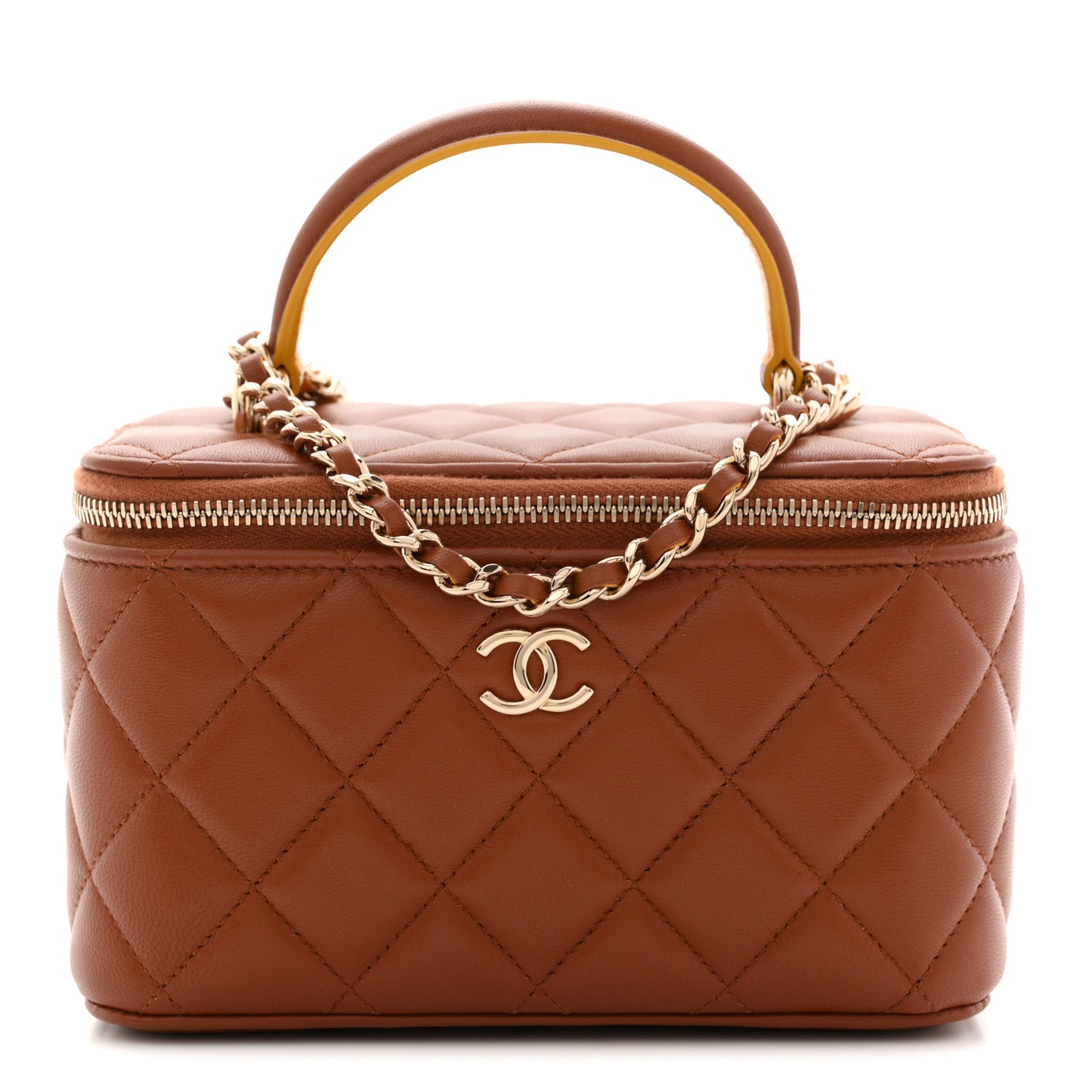 Lambskin Quilted Small Top Handle Vanity Case With Chain Light Brown Yellow