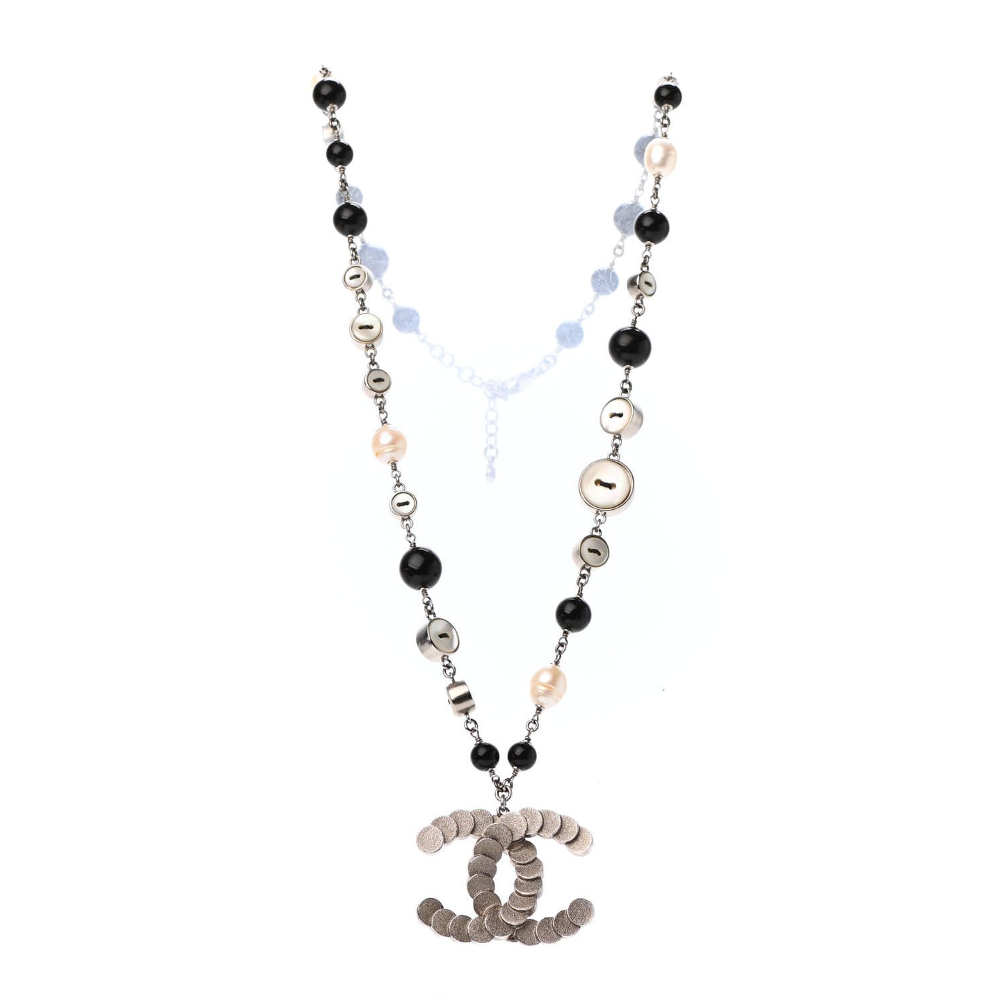 Pearl Button CC Long Necklace Black