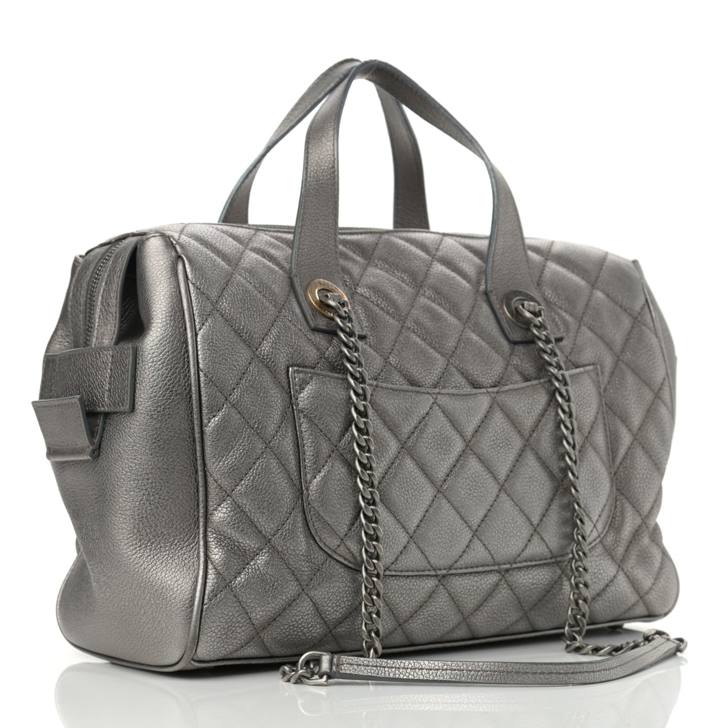 Metallic Grained Calfskin Quilted Large Casual Pocket Bowling Bag Silver