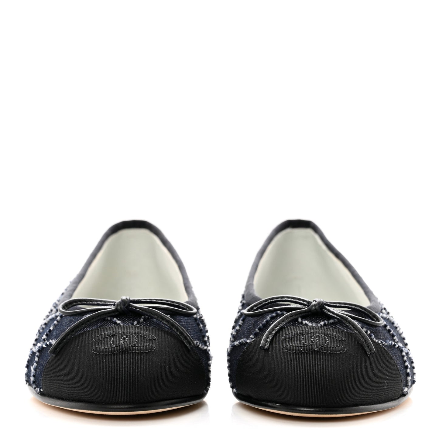 Denim Quilted Grosgrain Cap Toe Ballerina Flats 37 Dark Blue Black