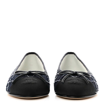 Chanel Denim Quilted Grosgrain Cap Toe Ballerina Flats 37 Dark Blue Black 2 of 9