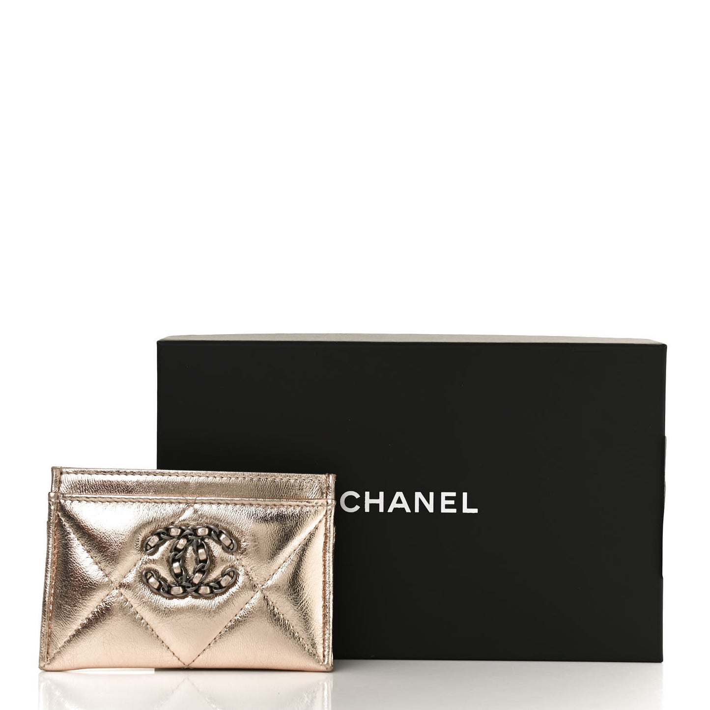 Metallic Lambskin Quilted Chanel 19 Card Holder Gold