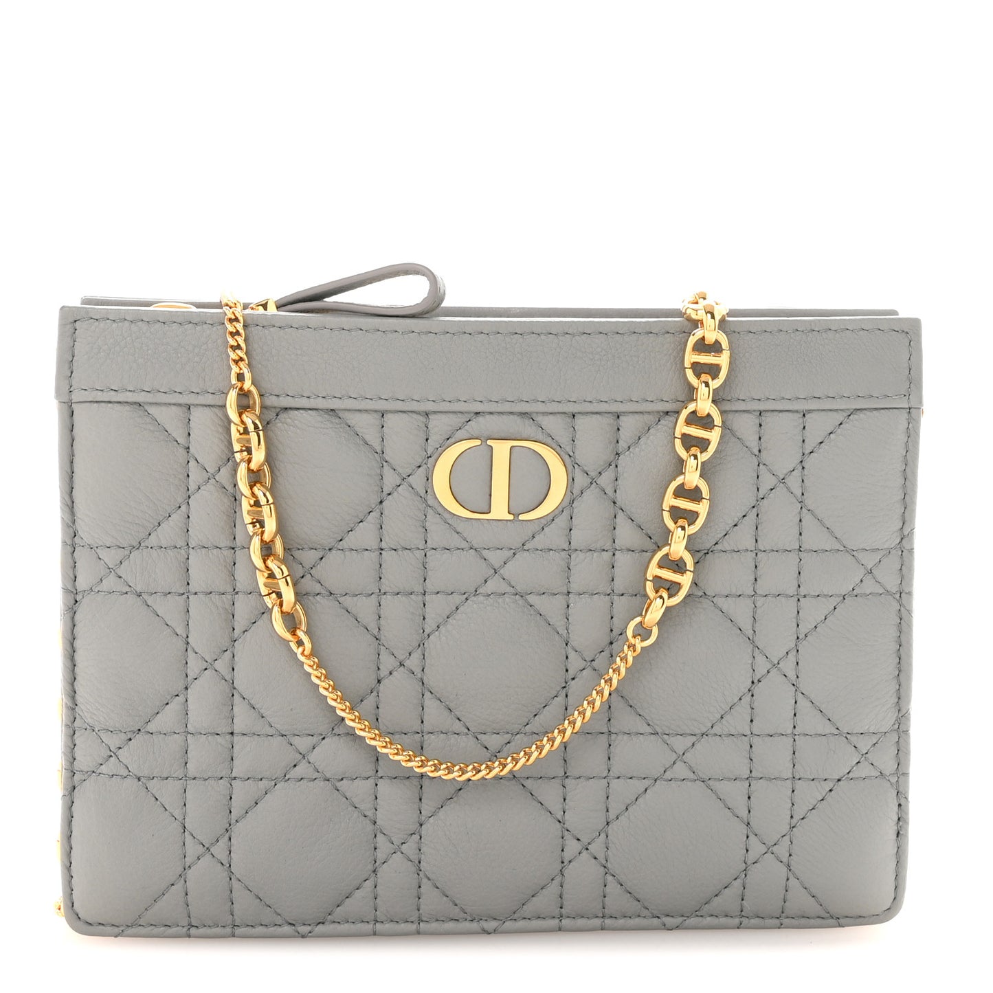 Calfskin Cannage Caro Zipped Pouch With Chain Grey