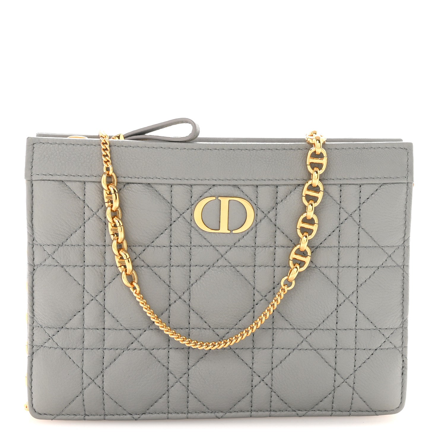 Christian Dior Calfskin Cannage Caro Zipped Pouch With Chain Grey 1 of 10
