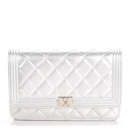 Chanel Metallic Patent Calfskin Quilted Boy Wallet on Chain WOC Silver 1 of 8