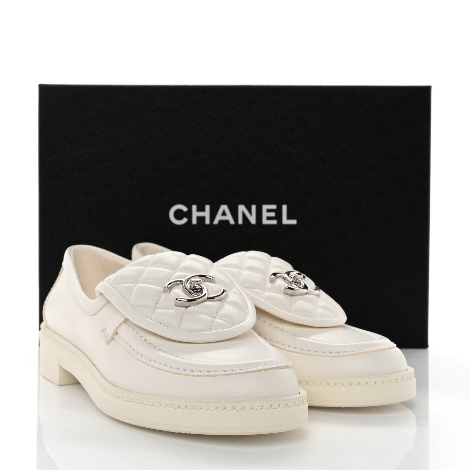 Chanel Lambskin Quilted CC Turnlock Loafers 37.5 White 9 of 9