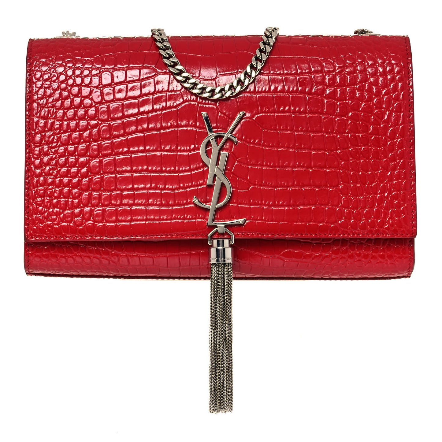 Calfskin Crocodile Embossed Medium Classic Monogram Kate Tassel Satchel Red