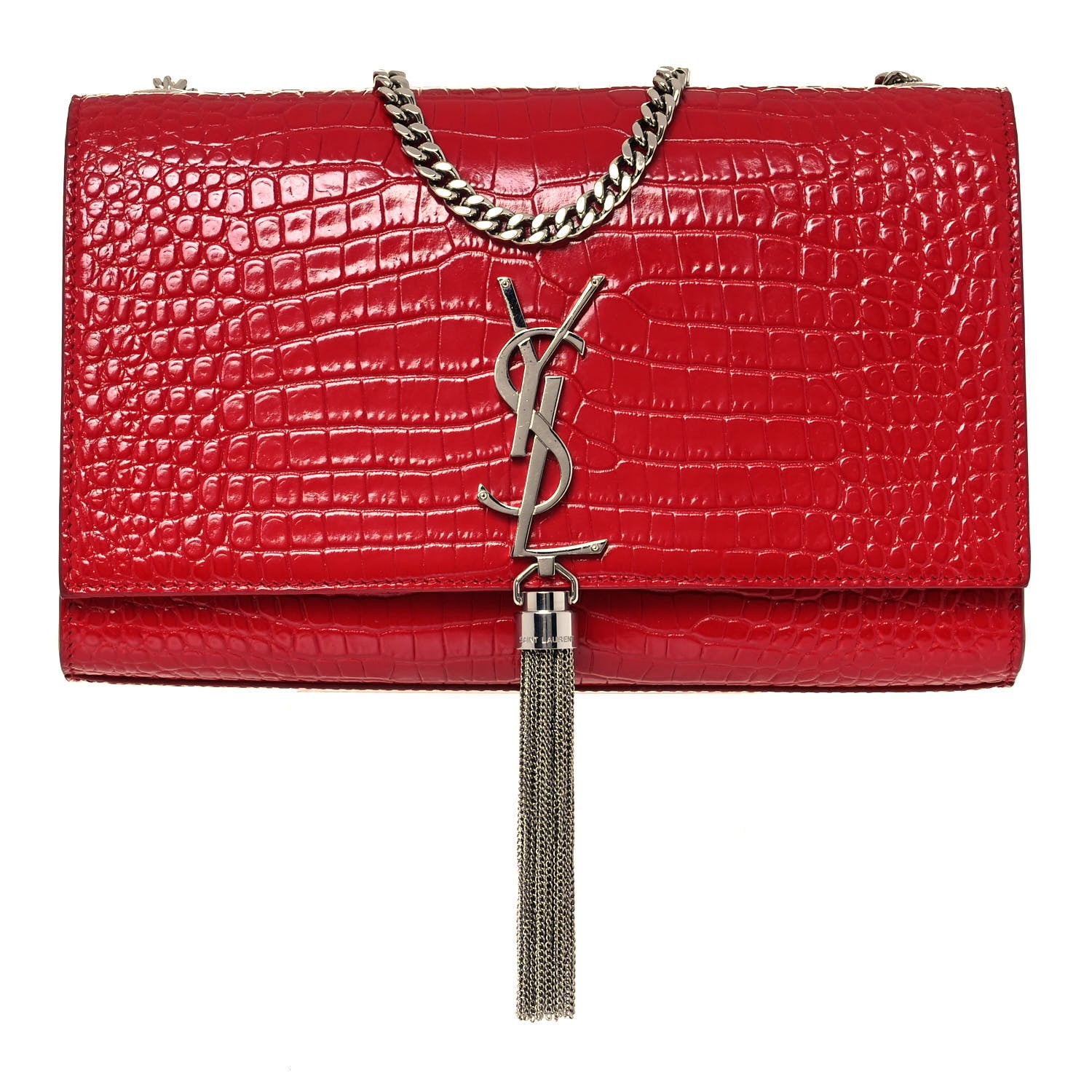 Saint Laurent Calfskin Crocodile Embossed Medium Classic Monogram Kate Tassel Satchel Red 1 of 11