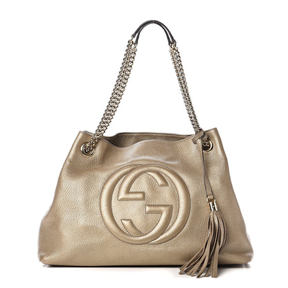 Gucci Metallic Pebbled Calfskin Medium Soho Chain Shoulder Bag Golden Beige 1 of 13