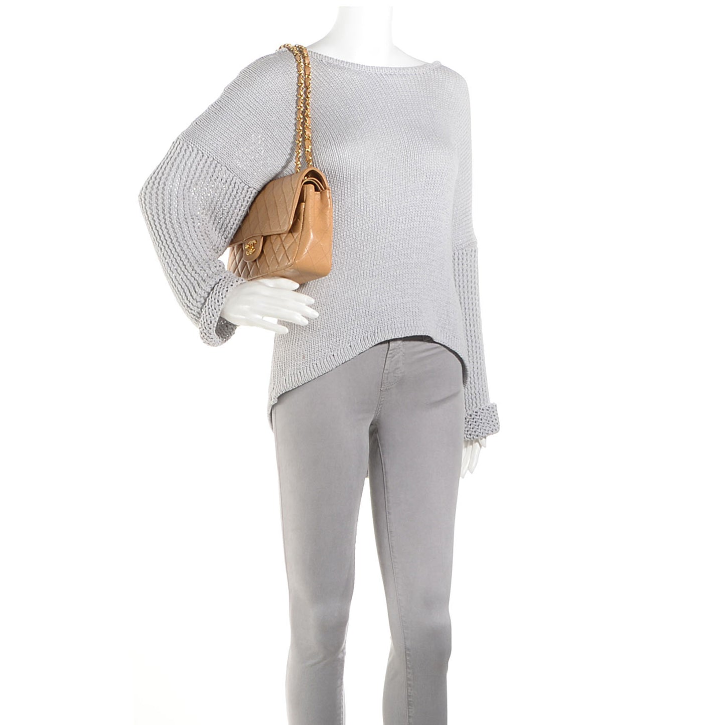 Caviar Quilted Medium Double Flap Beige