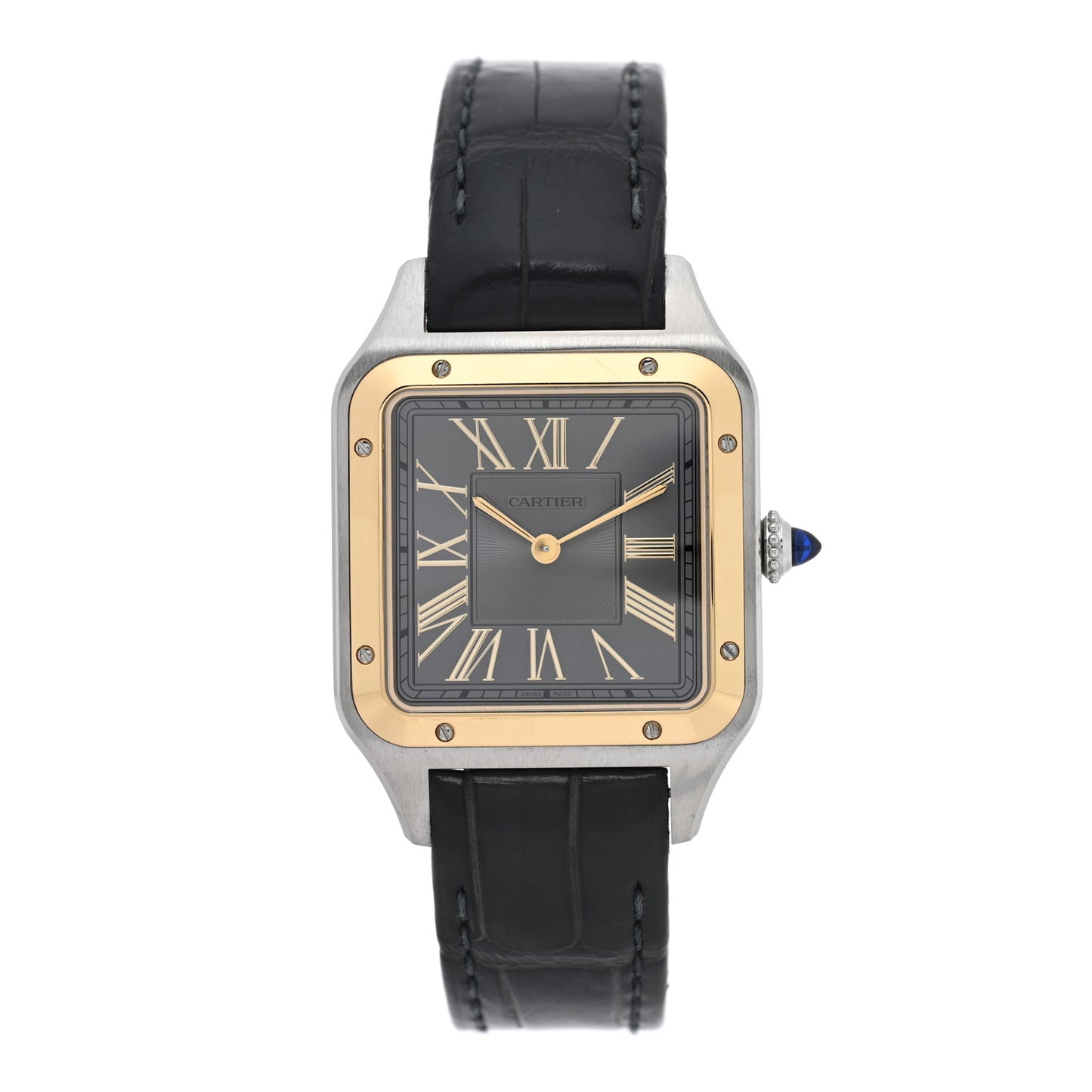Stainless Steel 18K Yellow Gold Alligator 31.4mm Santos Dumont Quartz Watch Grey