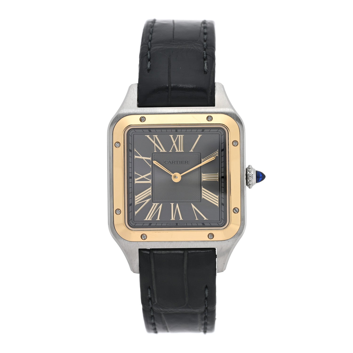 Cartier Stainless Steel 18K Yellow Gold Alligator 31.4mm Santos Dumont Quartz Watch Grey 1 of 5
