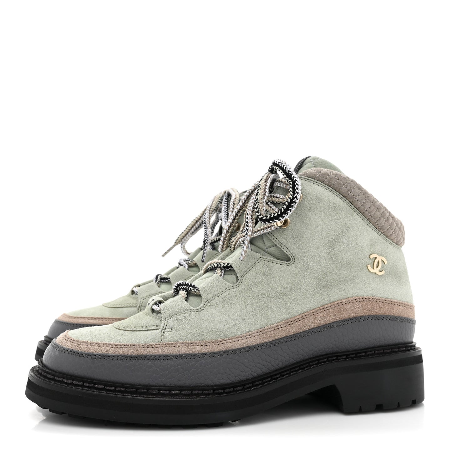 Suede Grained Calfskin CC Lace Up Boots 41 Light Green Dark Beige Gray