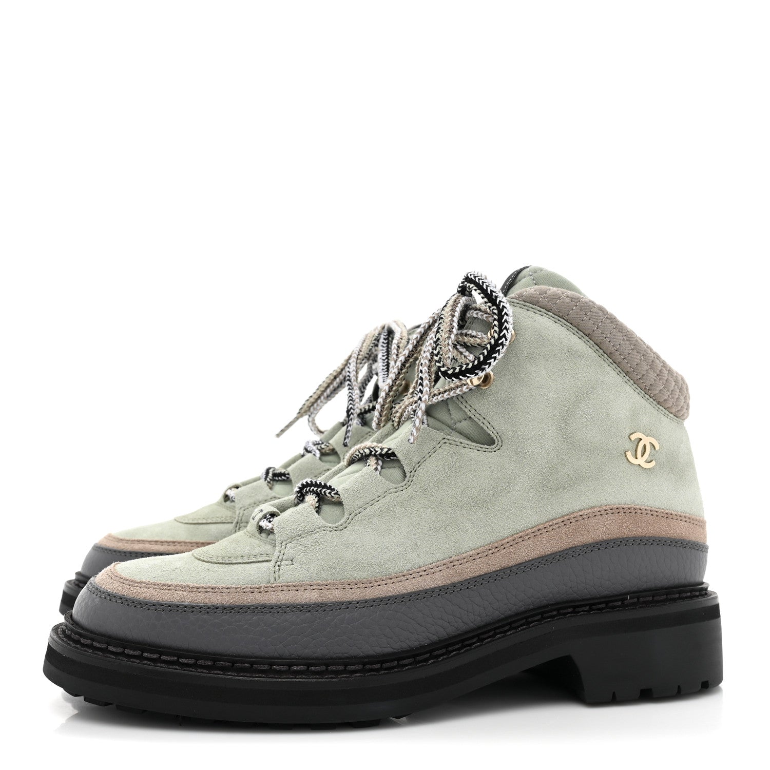 Chanel Suede Grained Calfskin CC Lace Up Boots 41 Light Green Dark Beige Gray 3 of 8