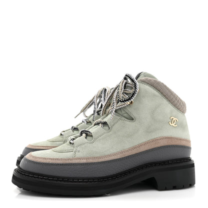 Chanel Suede Grained Calfskin CC Lace Up Boots 41 Light Green Dark Beige Gray 3 of 8