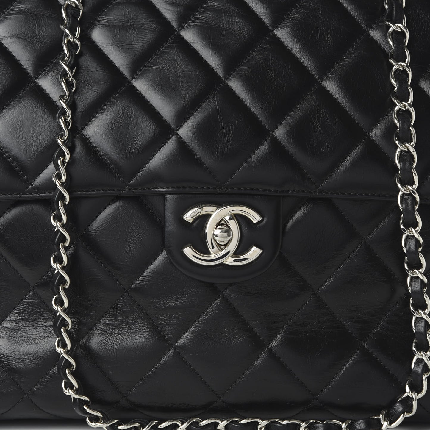 Glazed Calfskin Quilted Large CC Delivery Tote Black