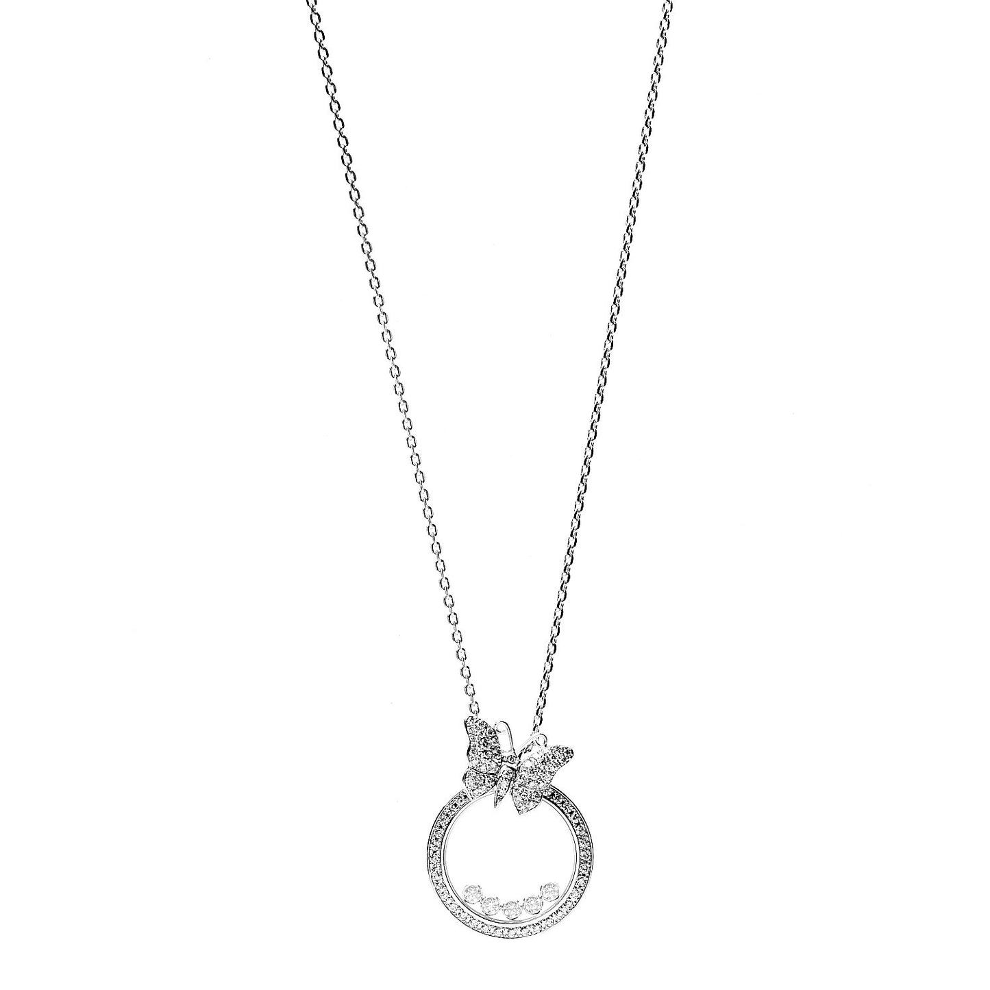 18K White Gold Diamond Happy Diamonds Circle Butterfly Pendant Necklace