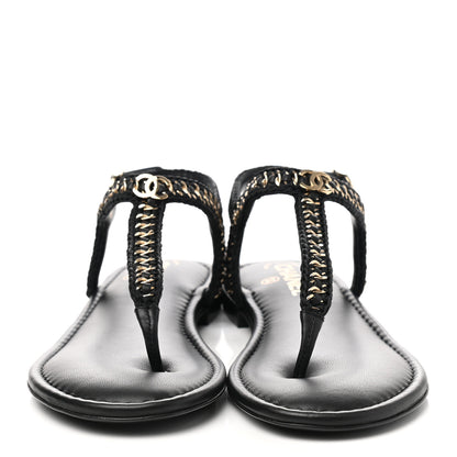 Chanel Lambskin Embroidered CC Thong Sandals 41 Black 2 of 9