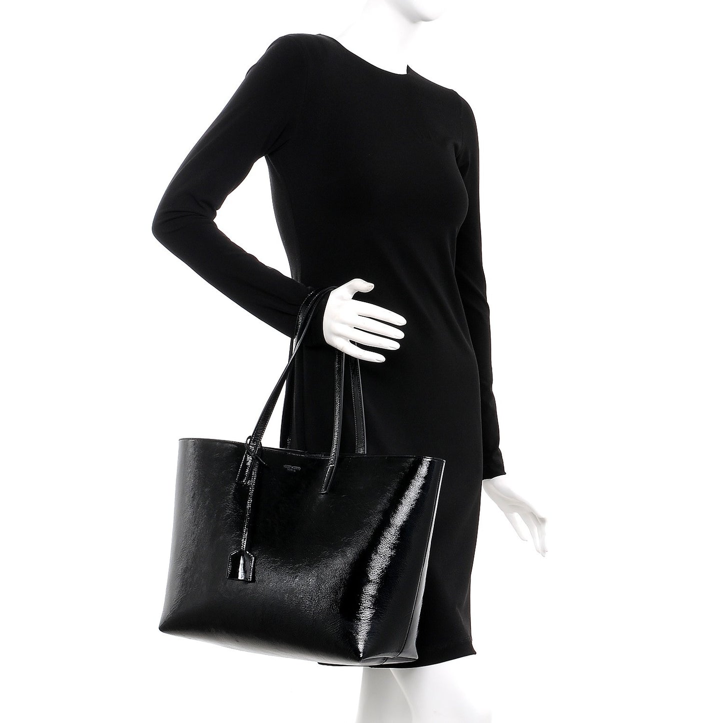 Patent Calfskin Large Shopping Tote Black
