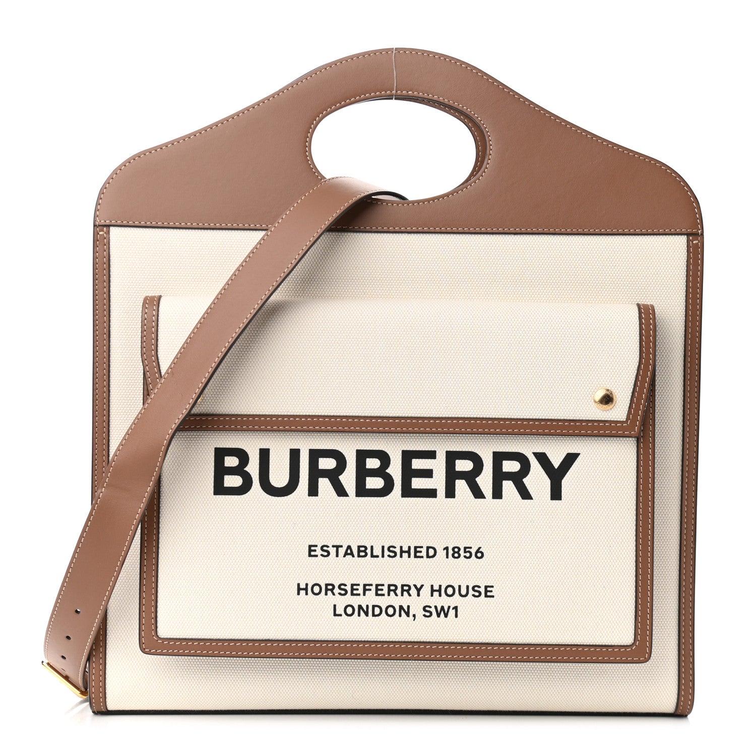 Burberry Canvas Smooth Calfskin Two Tone Medium Pocket Bag Natural Malt Brown 1 of 9