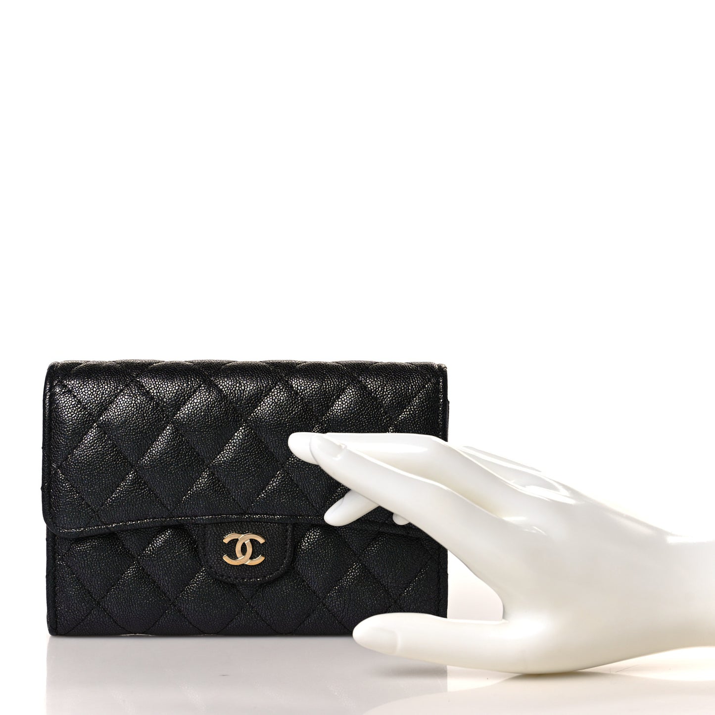 Iridescent Caviar Quilted Large Gusset Flap Wallet Black