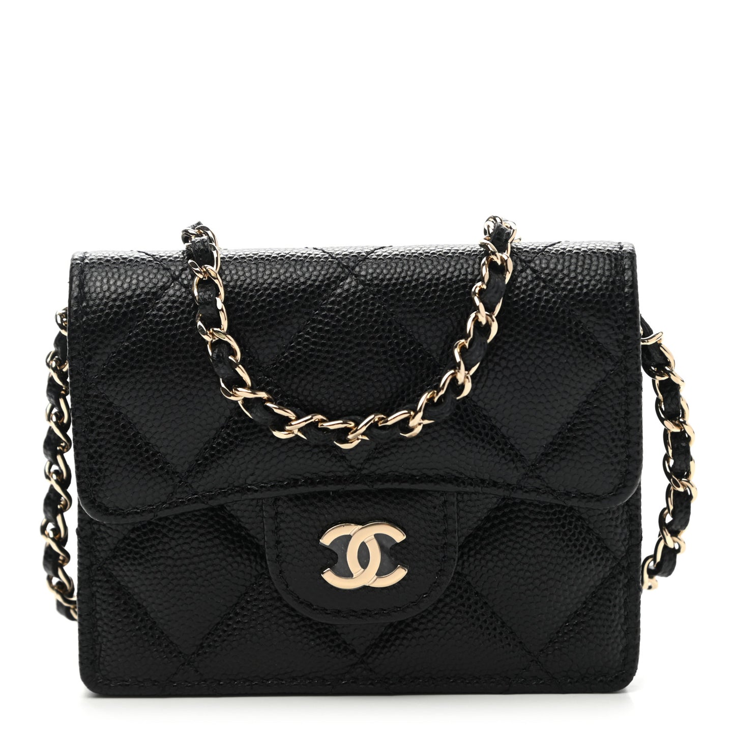 Caviar Quilted Flap Card Holder On Chain Black