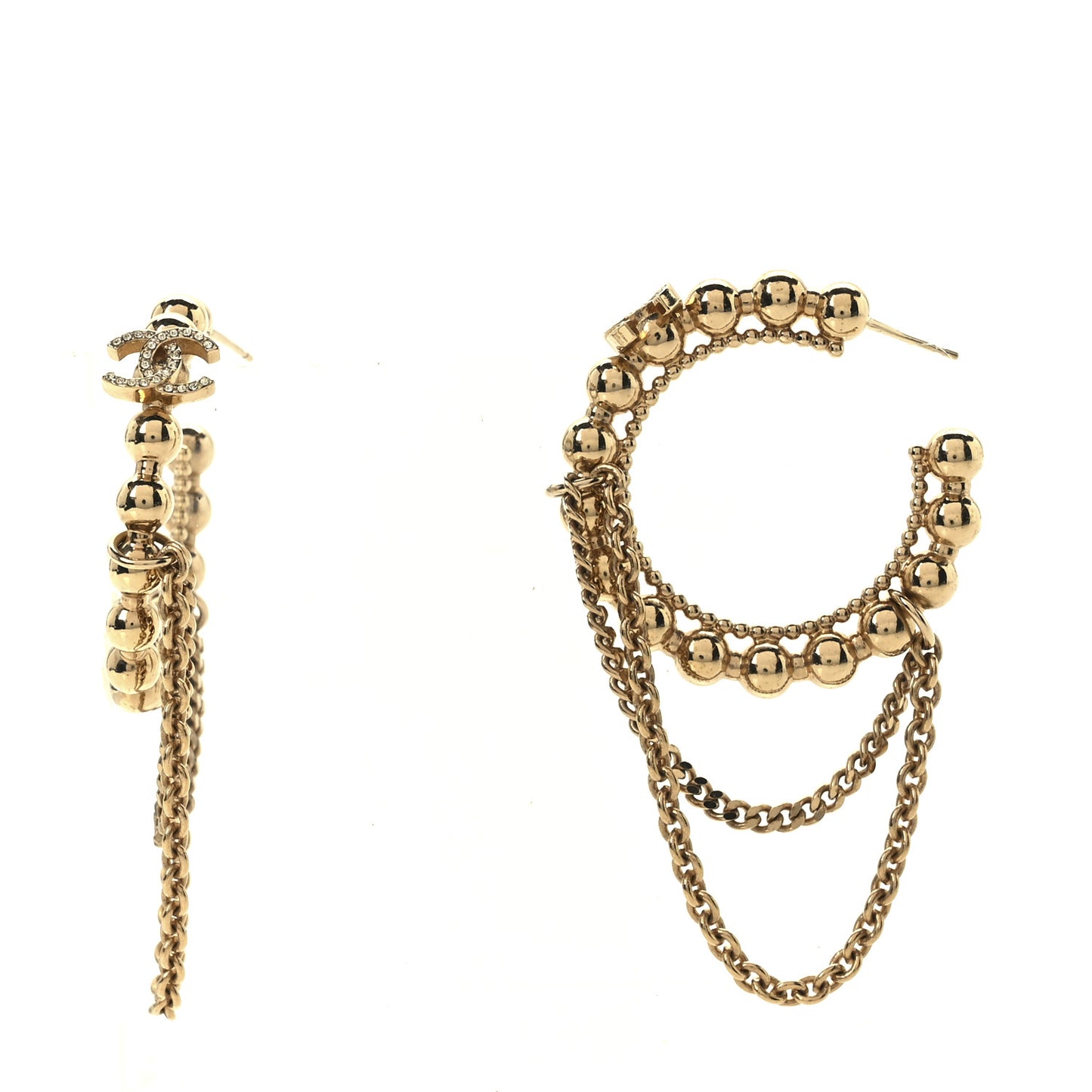 Metal Crystal Bead Chain CC Hoop Earrings Gold