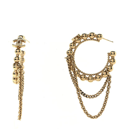 Chanel Metal Crystal Bead Chain CC Hoop Earrings Gold 1 of 4