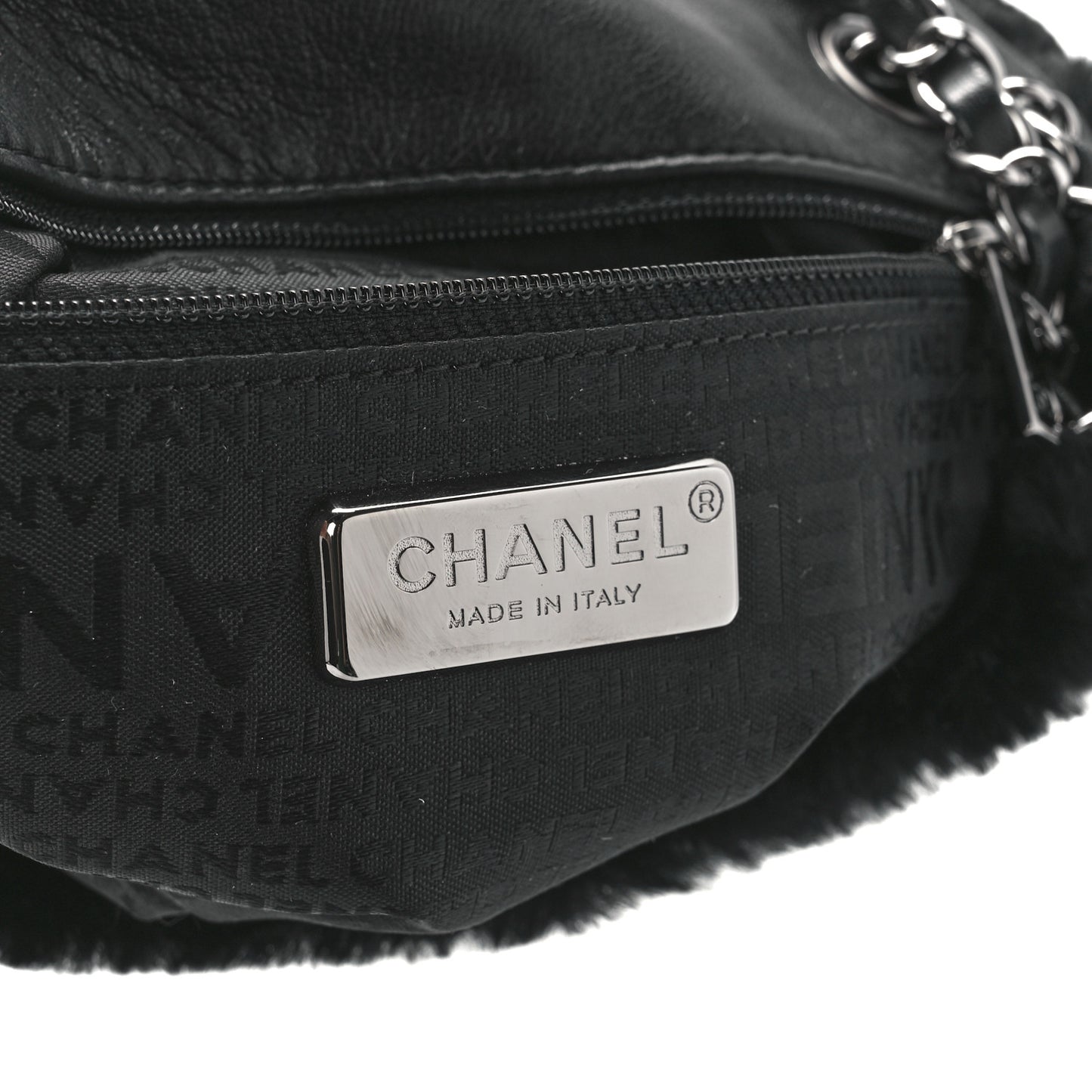 Rabbit Fur Beaded CC Flap Bag Black
