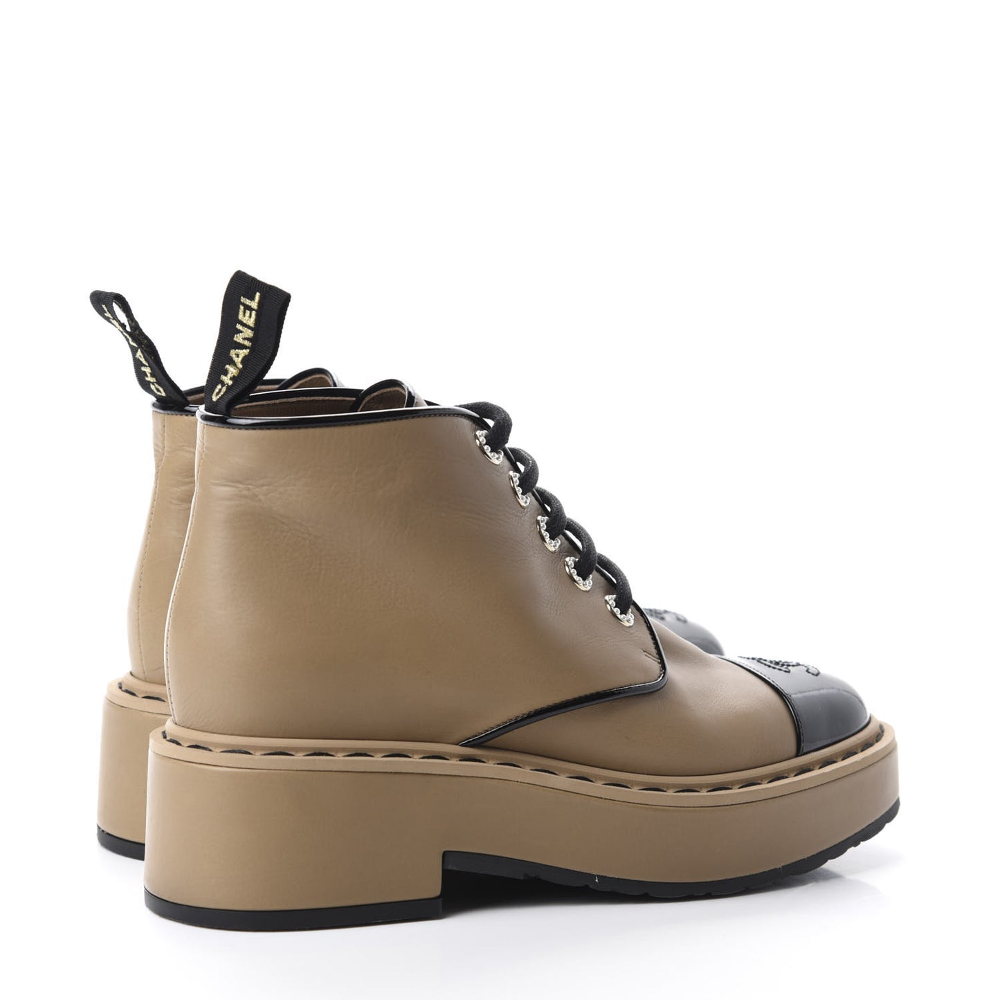 Calfskin Lace Up CC Short Boots 37 Beige Black