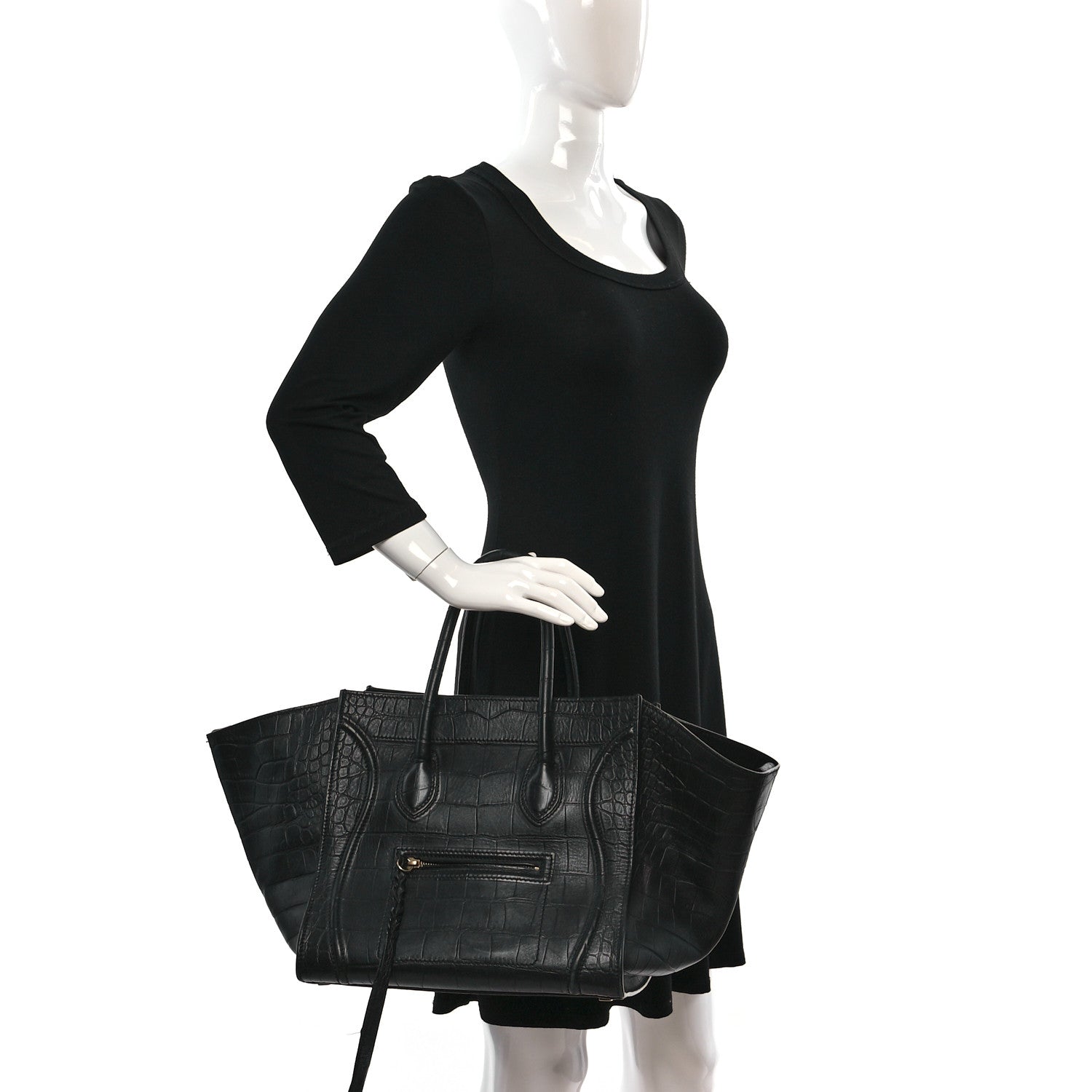 Celine Crocodile Embossed Calfskin Medium Phantom Luggage Black 2 of 9
