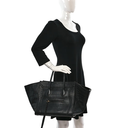 Celine Crocodile Embossed Calfskin Medium Phantom Luggage Black 2 of 9