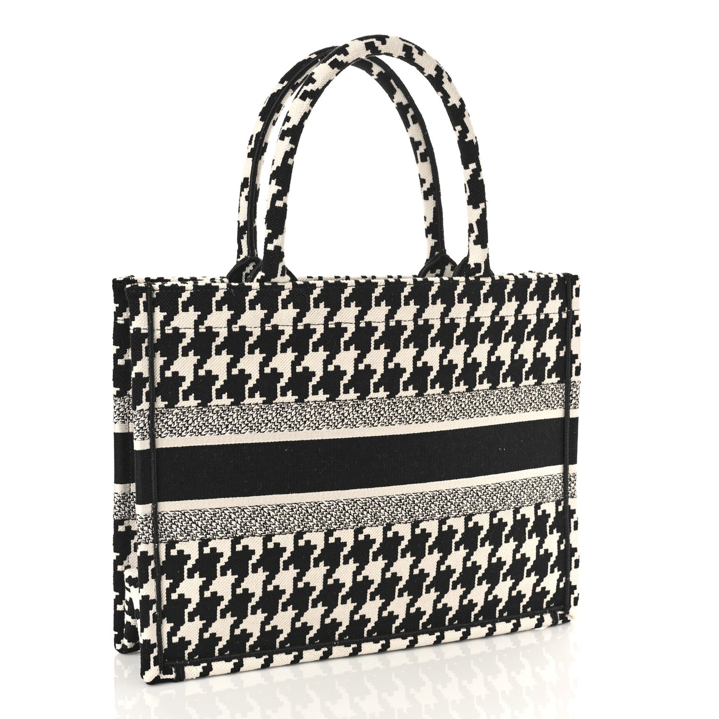Canvas Macro Houndstooth Embroidered Medium Book Tote Black White