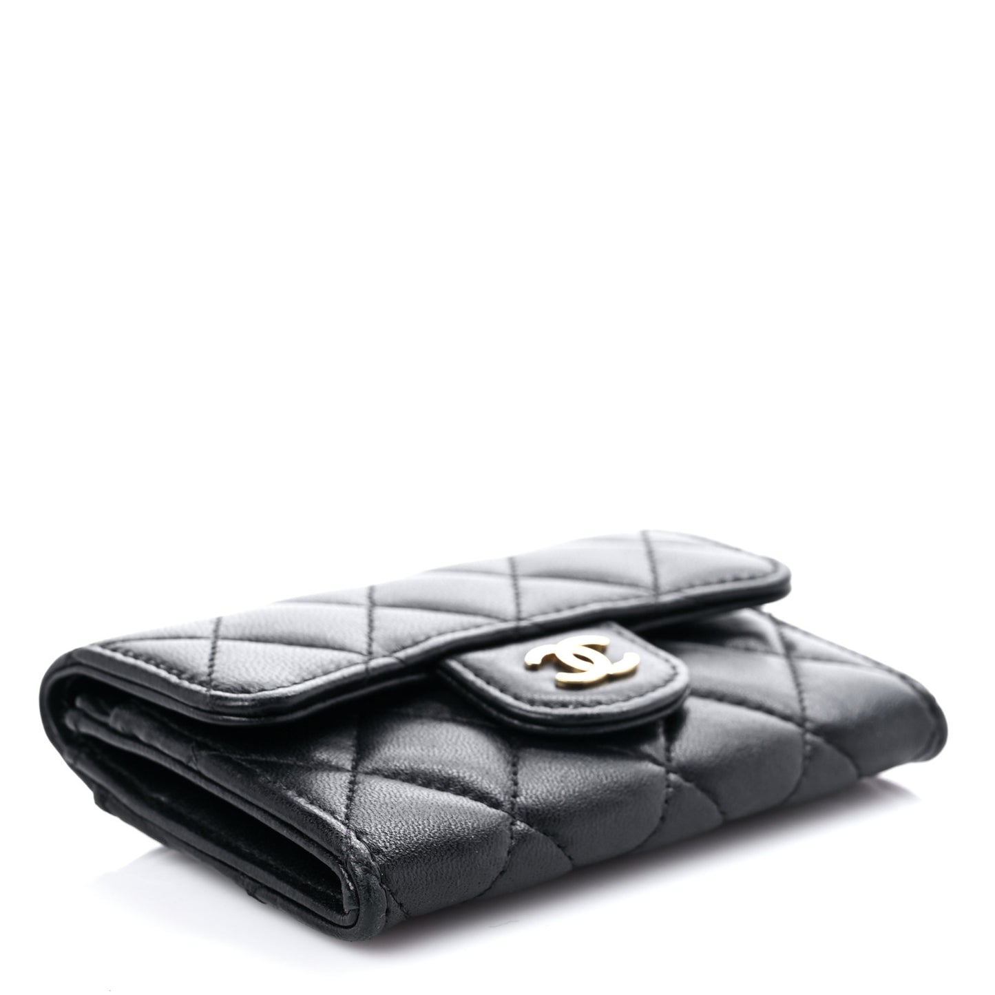 Lambskin Quilted Flap Card Holder Wallet Black
