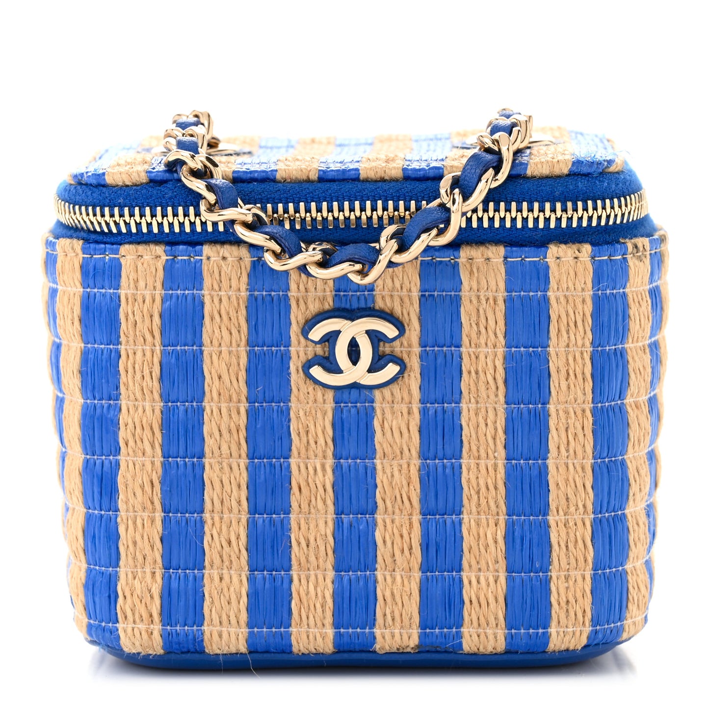 Raffia Jute Striped Mini Vanity Case With Chain Blue Beige