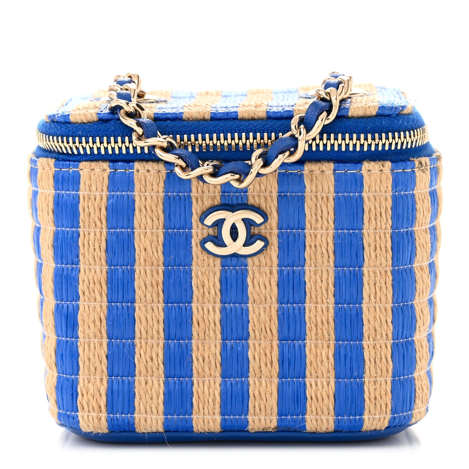 Chanel Raffia Jute Striped Mini Vanity Case With Chain Blue Beige 1 of 11