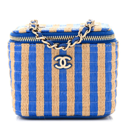 Chanel Raffia Jute Striped Mini Vanity Case With Chain Blue Beige 1 of 11