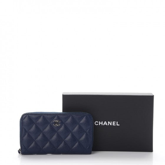 Caviar Quilted Small Zip Around Wallet Navy