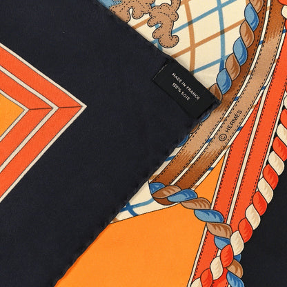 Hermes Silk Grande Tenue Scarf 90 Bleu Orange Beige 3 of 3